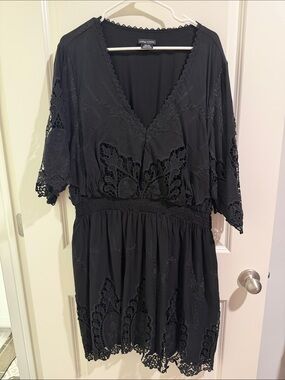 City Chic Black Lace-Trim V-Neck Mini Dress
